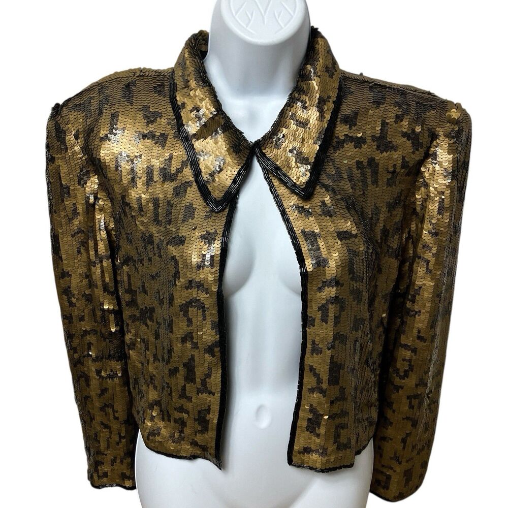 Vintage Adrianna Papell Gold Black Silk Sequin‎ 1990s Evening Jacket - Picture 4 of 11